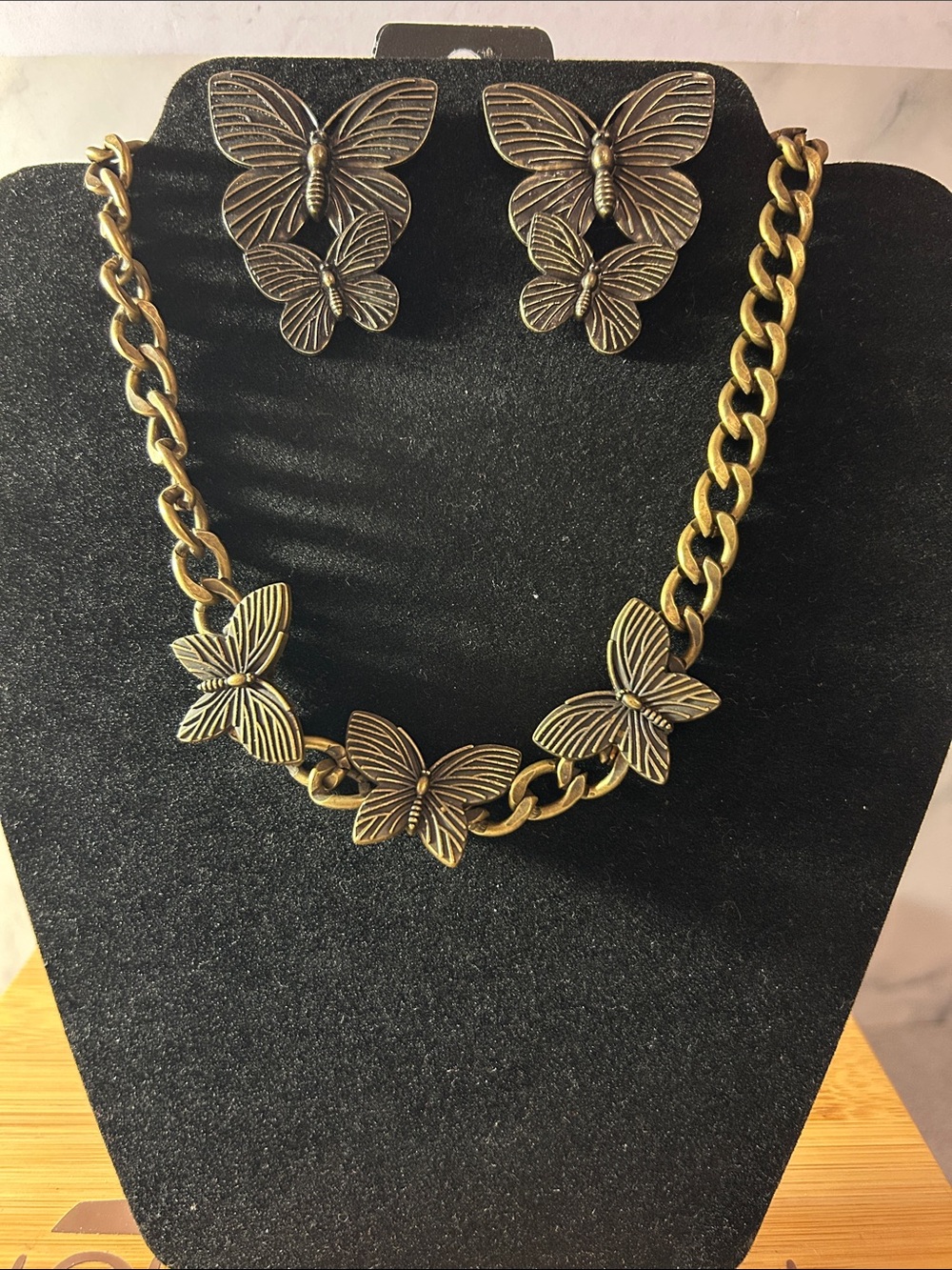 Butterfly Link Necklace and Earrings Set - Bronze Tone Women’s Jewelry